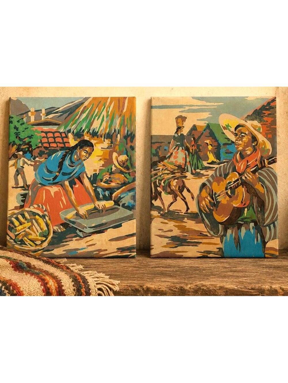 Mid Century Paint by Number Pair, Vintage Wall Decor, Mexican Theme, Unframed